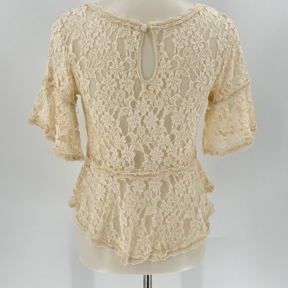 Free People XS Lace Peplum Top Beige & Black Floral Embroidery Short Bell Sleeve - Picture 2 of 7